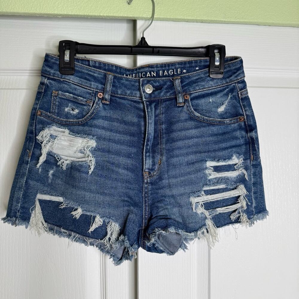 American Eagle Stretch Mom Shorts High Rise Distressed Raw Hem Cotton Blend 8